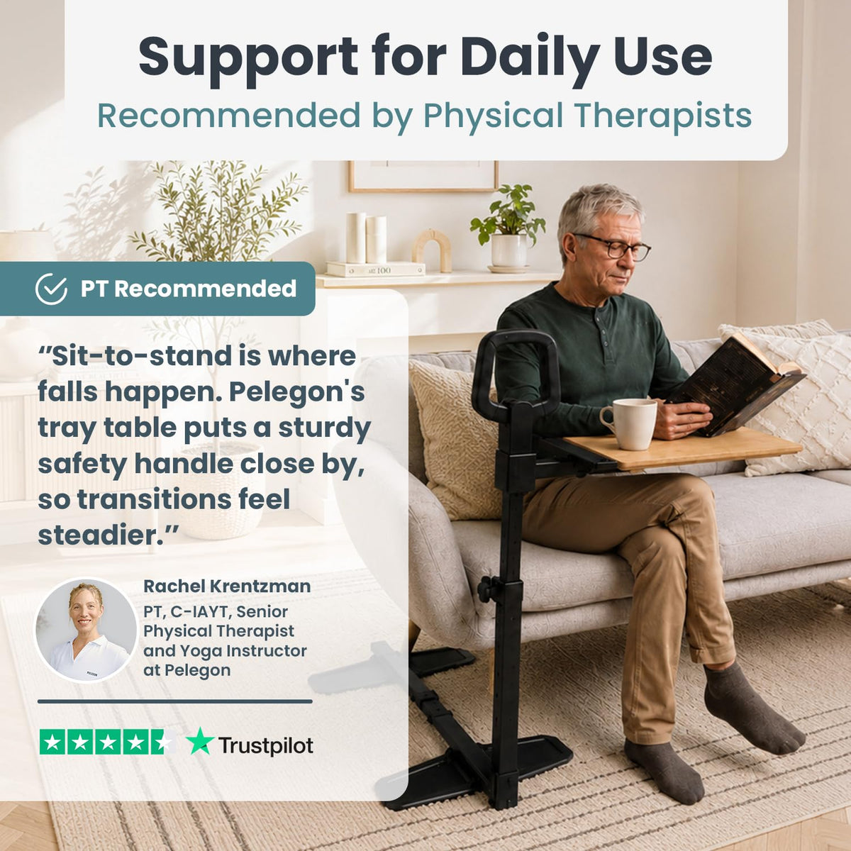 PELEGON Tray Table, 360° Swivel Table for Recliner, Adjustable Height with X-Large Table for Eating and Laptop, TV Trays for Couches & Chairs with Ergonomic Stand Assist Safety Handle for Elderly