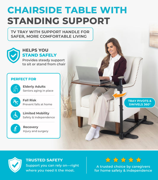 Stander Wonder Tray Plus, Adjustable Recliner Swivel TV Tray with Standing Handle for Seniors & Elderly Adults, Walnut Laptop Desk for Couches & Chairs, Mobility Aid Sit and Stand Assist