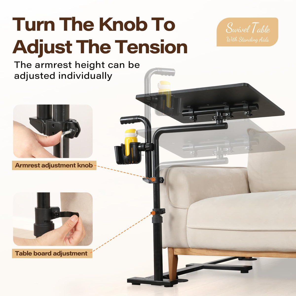 Eizome 23.6"*15.7" Tray Table, 360° Swivel Table for Recliner, Tv Tray with Ergonomic Stand Assist Safety Individually Adjustable Handle, Laptop Desk for Couch, Sofa and Recliner