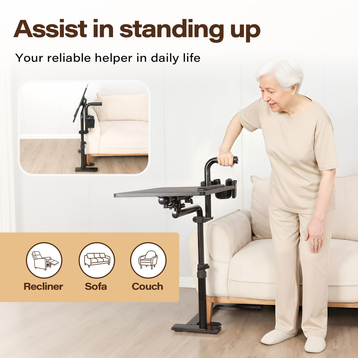 Eizome 23.6"*15.7" Tray Table, 360° Swivel Table for Recliner, Tv Tray with Ergonomic Stand Assist Safety Individually Adjustable Handle, Laptop Desk for Couch, Sofa and Recliner