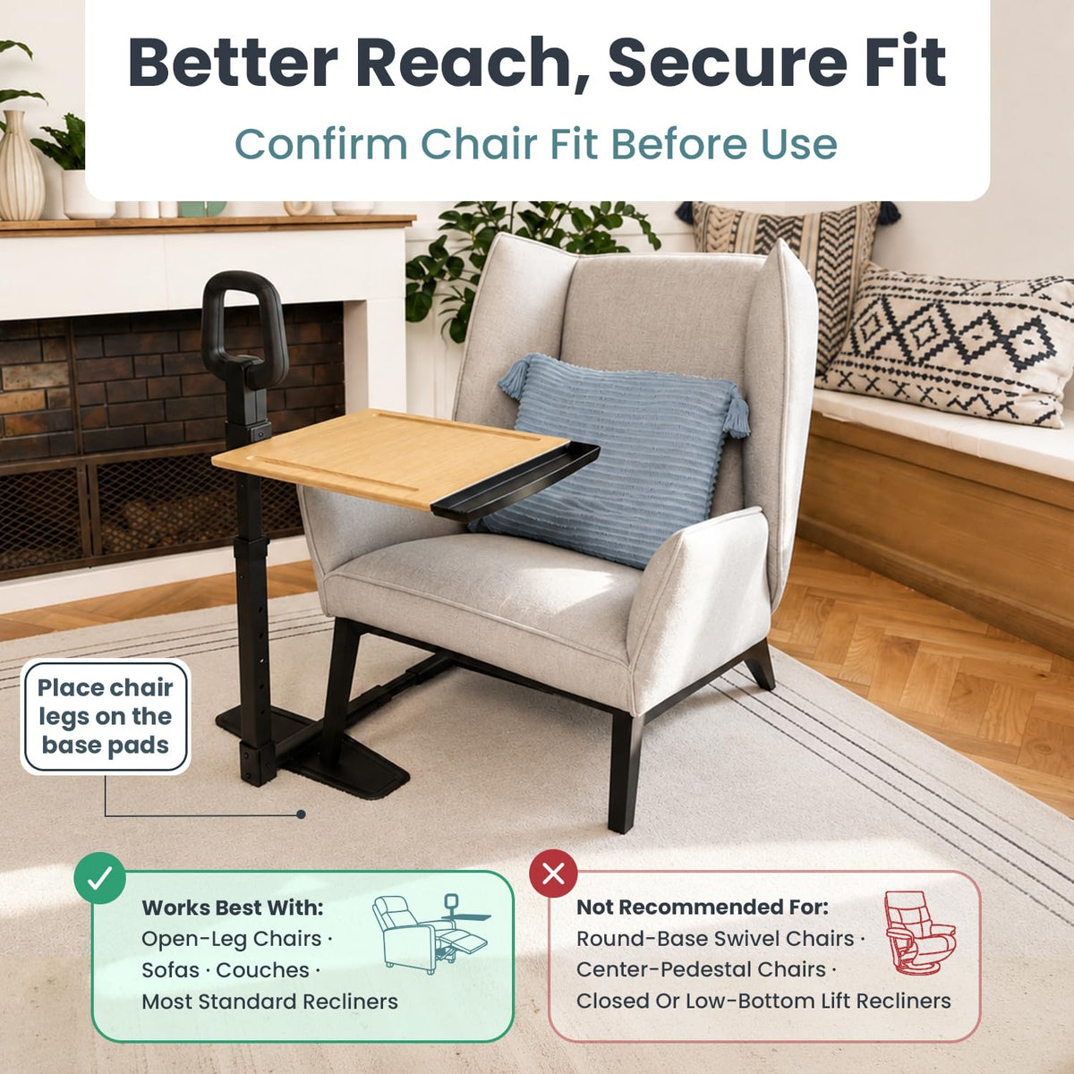 PELEGON Tray Table, 360° Swivel Table for Recliner, Adjustable Height with X-Large Table for Eating and Laptop, TV Trays for Couches & Chairs with Ergonomic Stand Assist Safety Handle for Elderly
